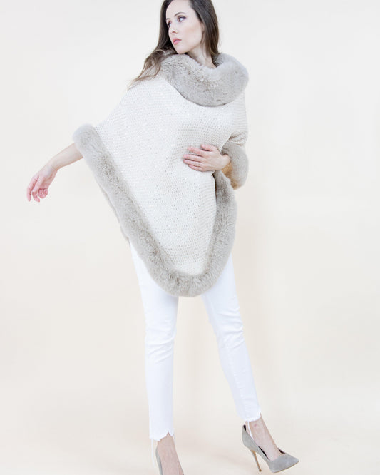 Sequin Detailed Poncho w/ Faux Fur Trim
