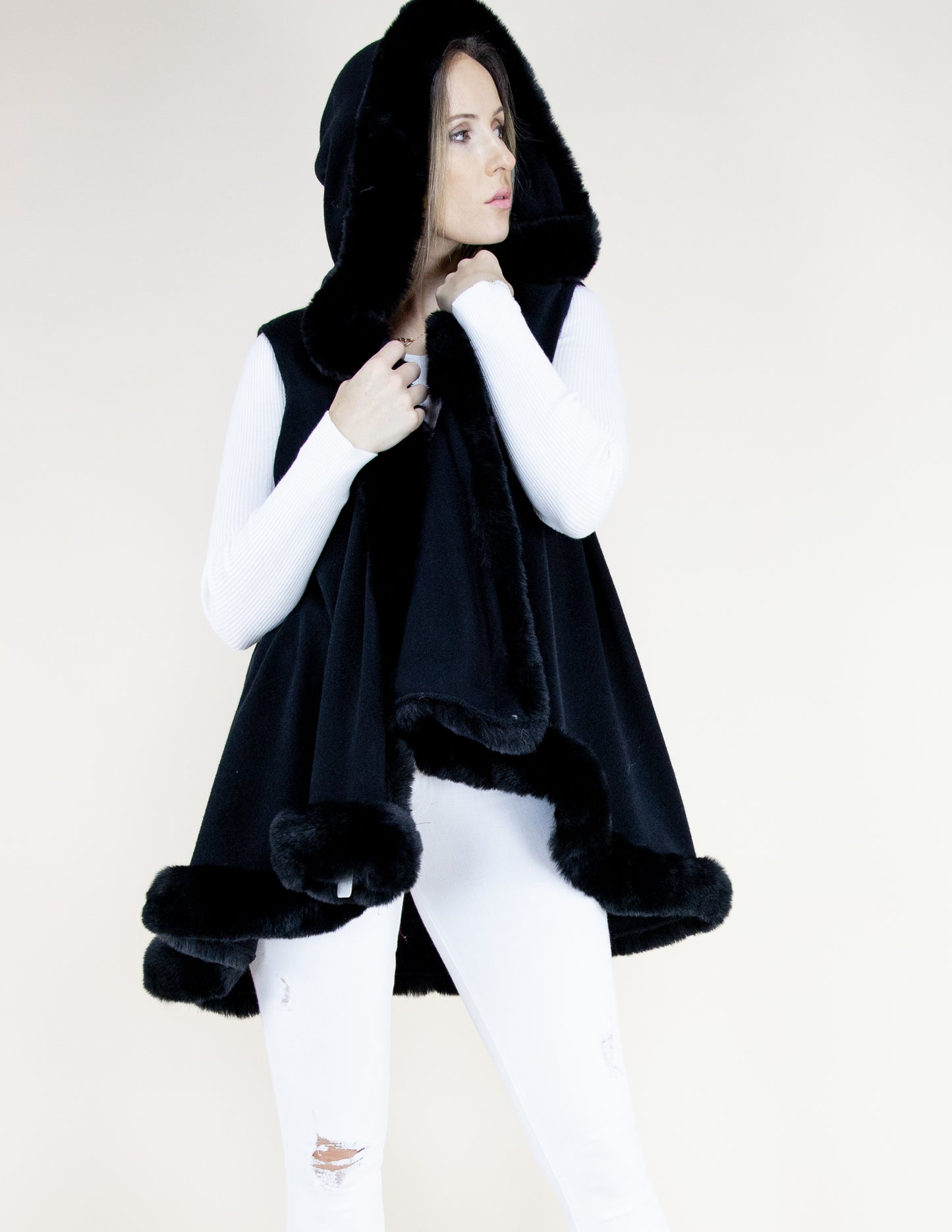 Trimmed Faux Fur Sleeveless Vest w/ Hood