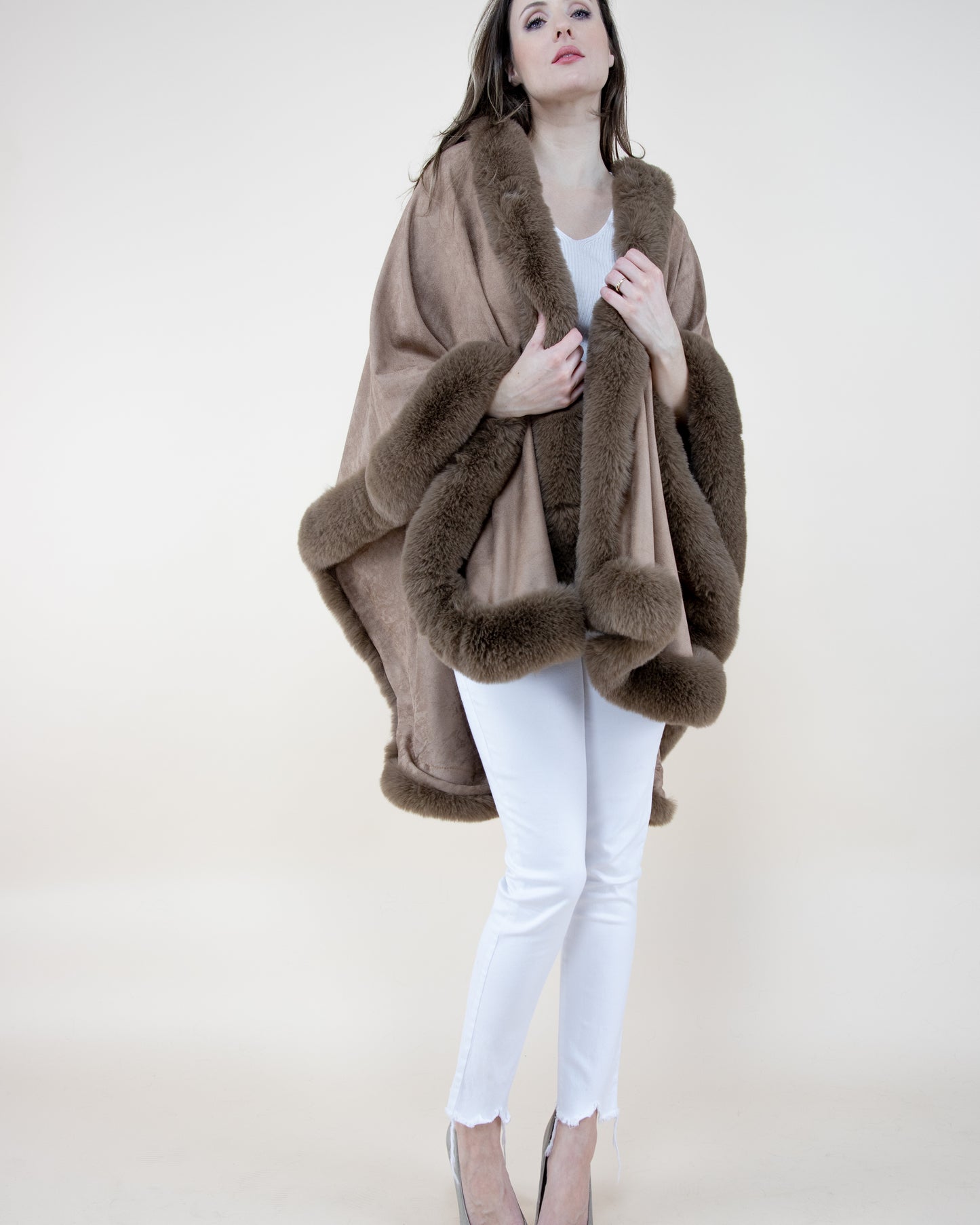 Faux Suede Ruana w/ Faux Fur Trim