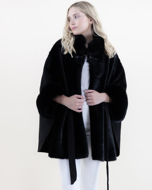 Suede Belted Cape w/ Ribbed Fur & Neck Toggle