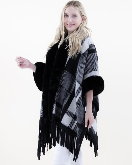 Broken Plaid Lines Faux Fur Cape w/ Fringe