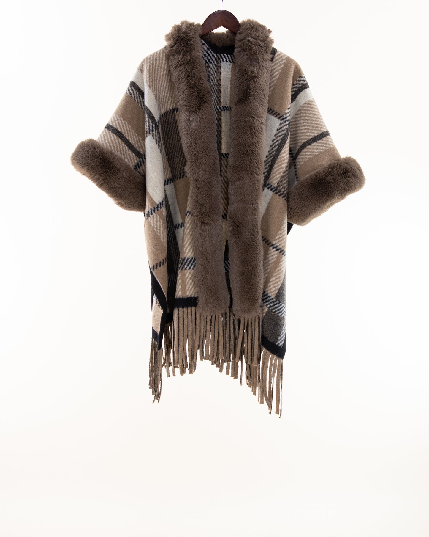 Broken Plaid Lines Faux Fur Cape w/ Fringe