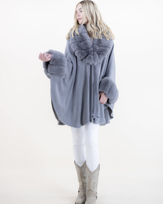 Ribbed Collar and Cuff Faux Fur Cape