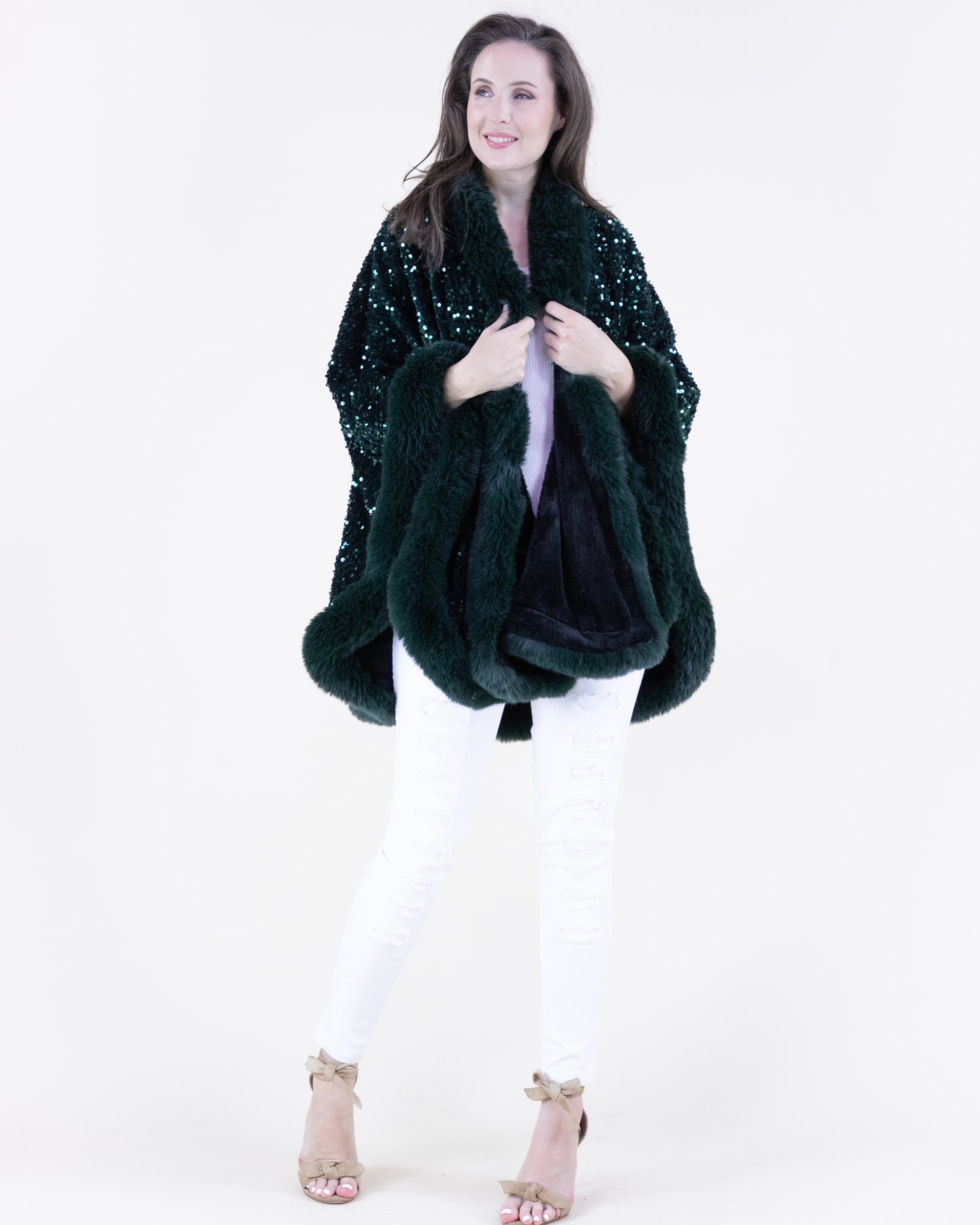 Sequin Faux Fur Trim Cape