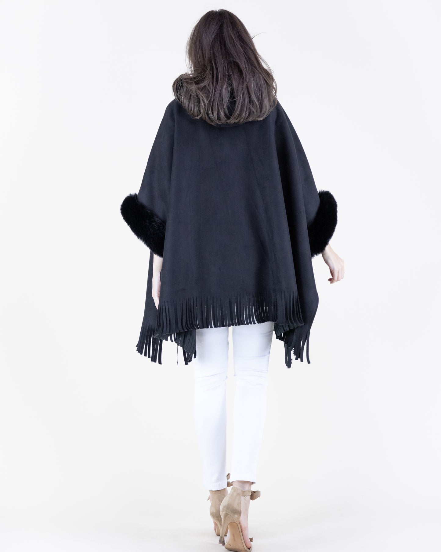 Vegan Suede & Fur Trim Hooded Cape w/ Fringe
