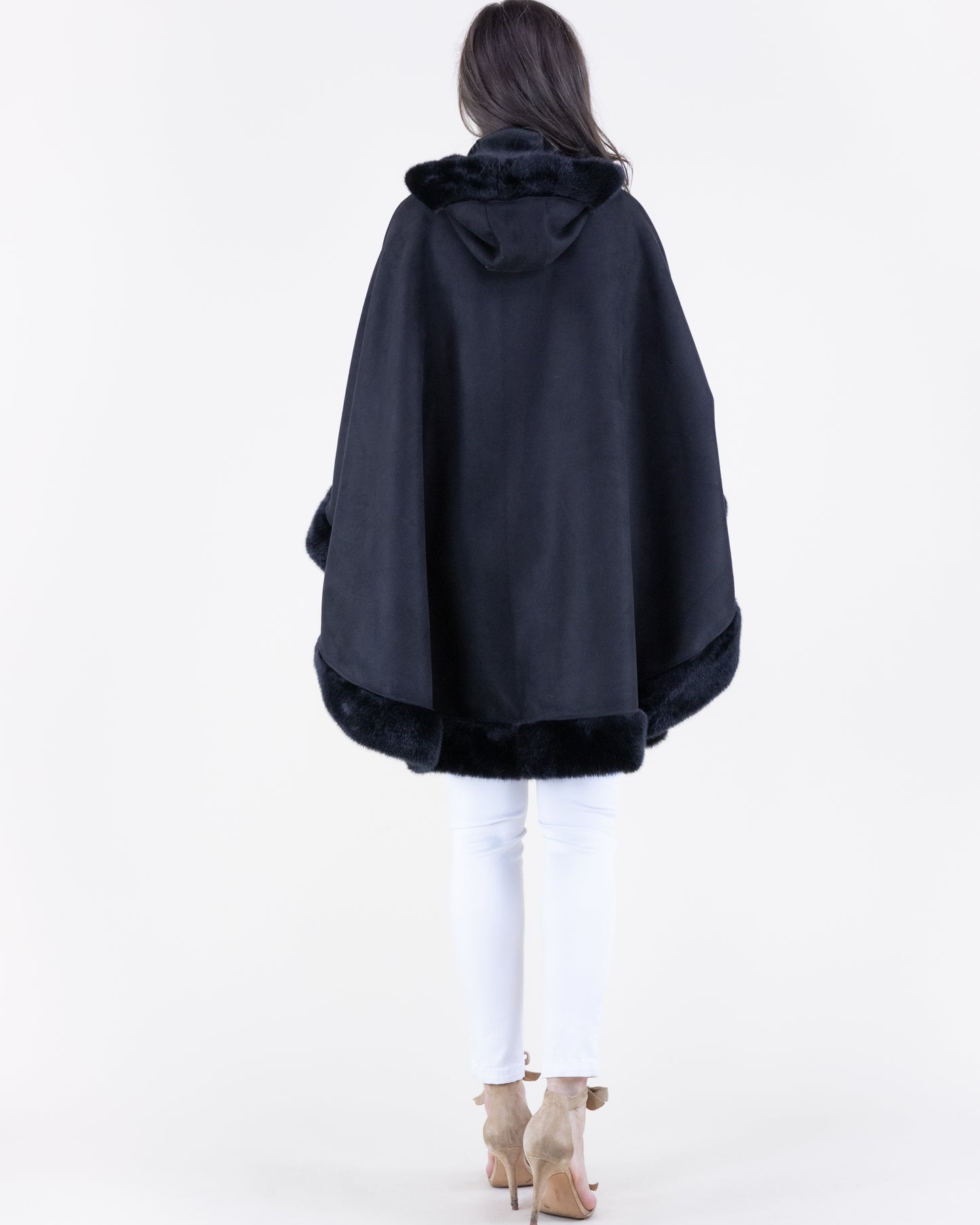 Vegan Suede & Fur Trim Hooded Cape w/ Buckles