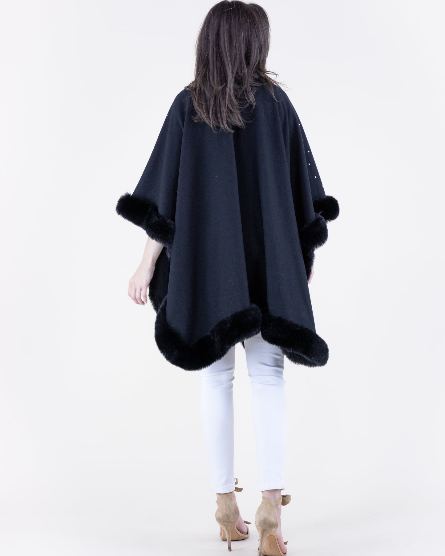 Rhinestone Embellished Faux Fur Cape