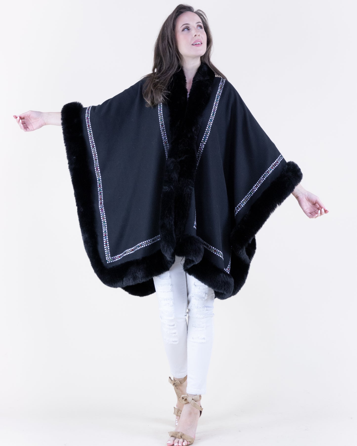 Rhinestone Embellished Border Plush Faux Fur Cape