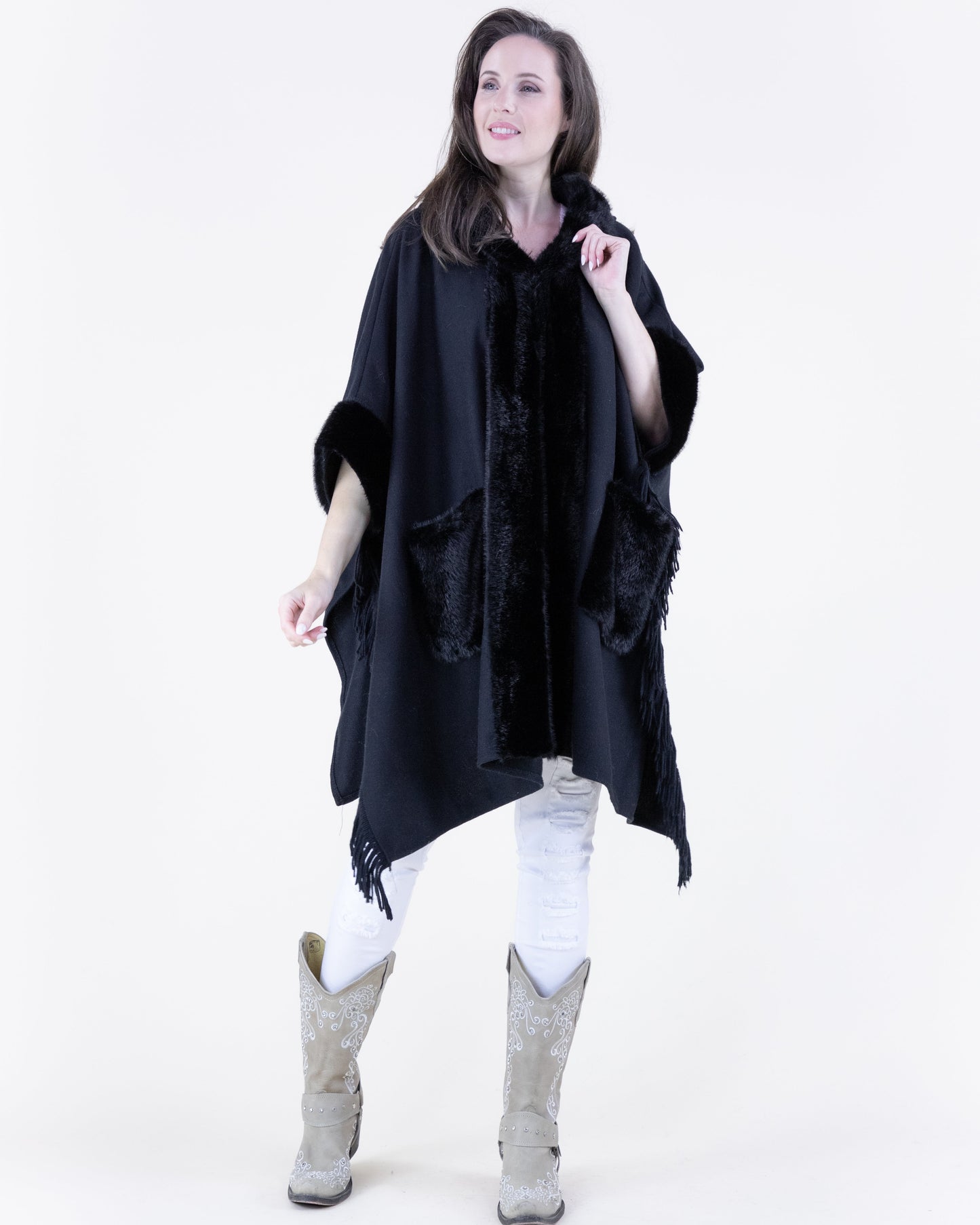 Plush Vegan Fur Trim Cape w/ Front Pockets