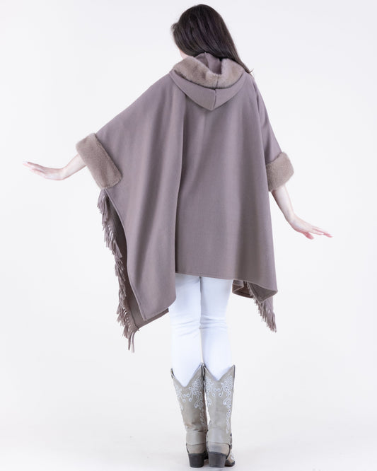 Plush Vegan Fur Trim Cape w/ Front Pockets