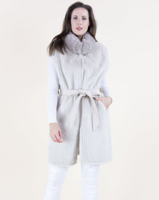 Vertical Ribbed Faux Fur Belted Vest