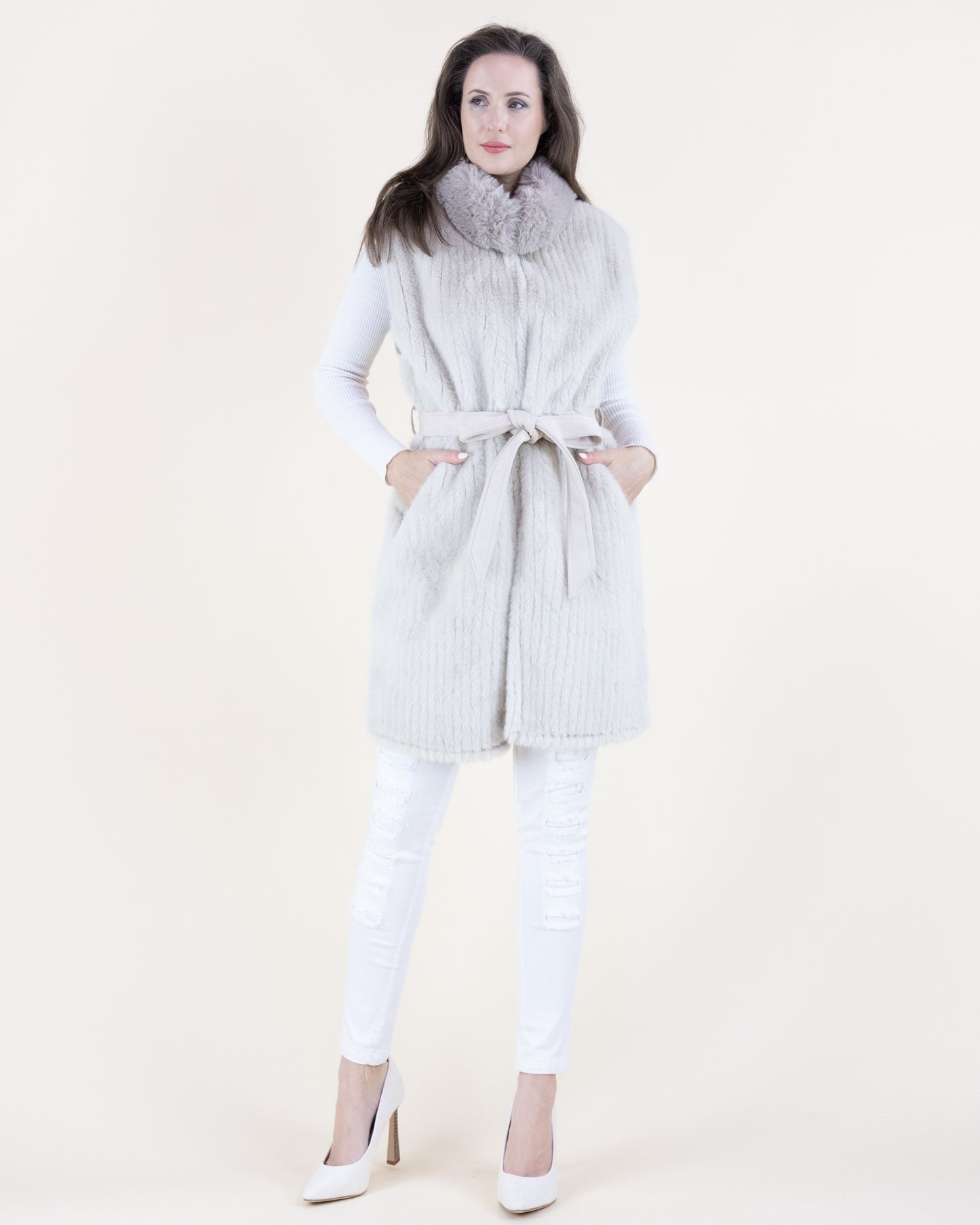 Vertical Ribbed Faux Fur Belted Vest