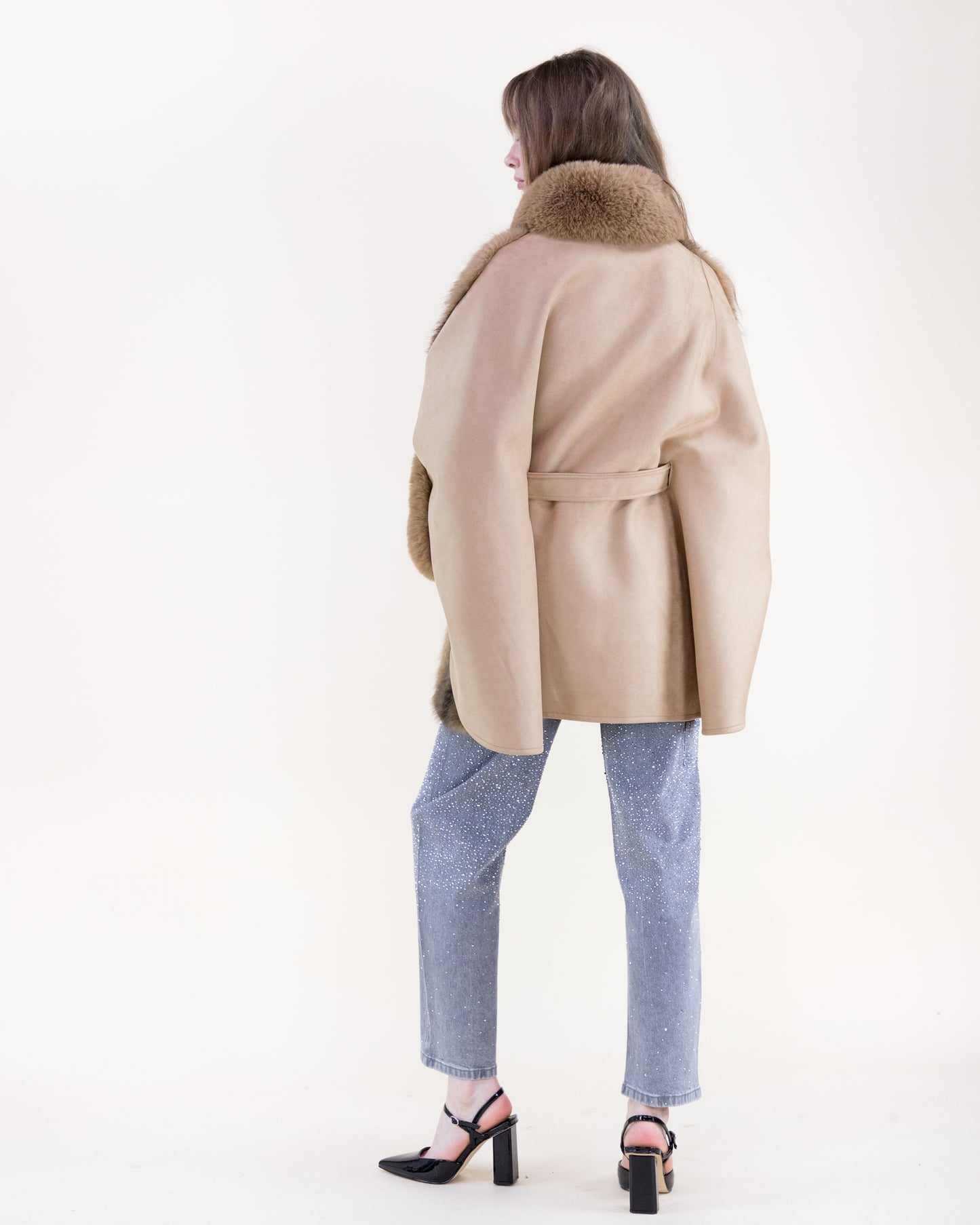 Striped Vegan Fur Neck Toggle Suede Belted Cape
