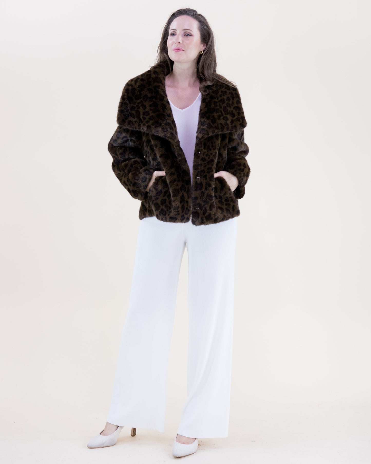 Leopard Wide Lapel Faux Fur Jacket