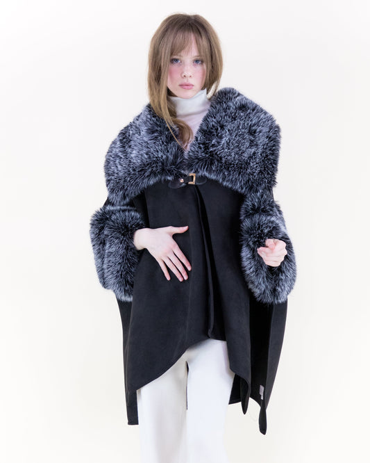 Highland Vegan Fur Toggle Closure Suede Cape