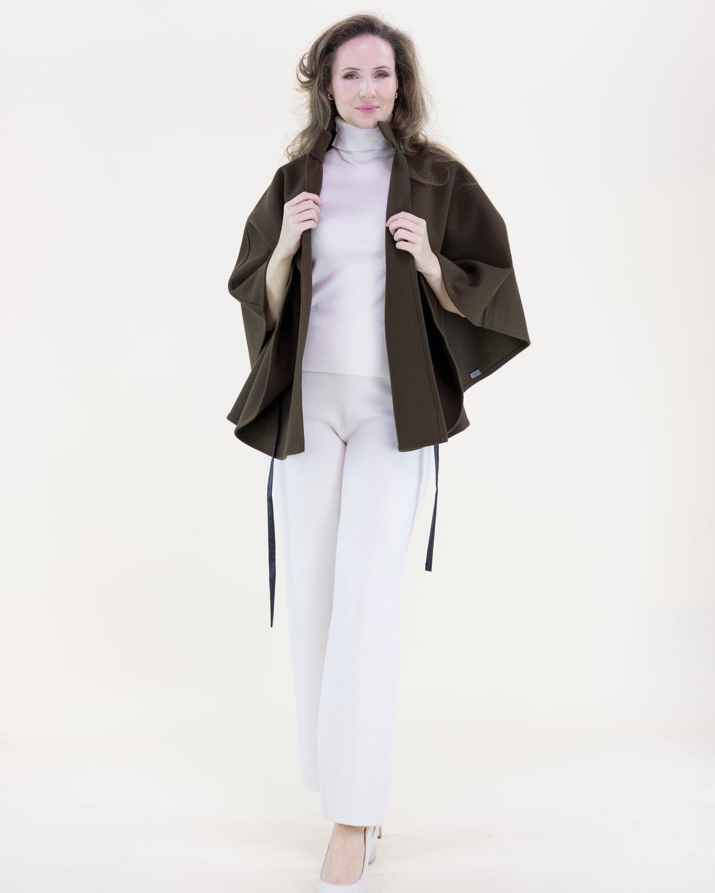 Funnel Neck Faux Leather Belt Cape