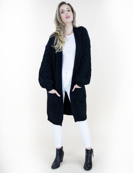 Long Open Pocket Cardigan w/ Braid Knitted Sleeves