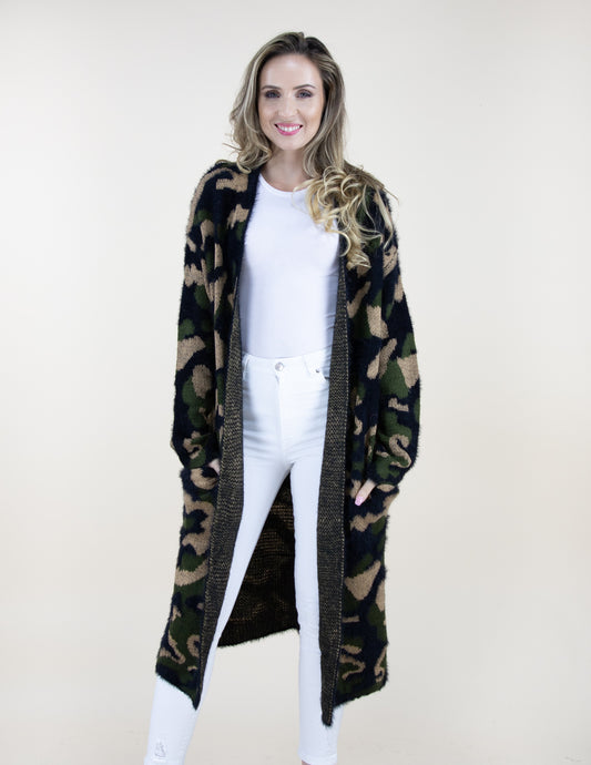 Eyelash Camouflage Long Sleeve Cardigan W/ Pockets - (S/M, L/XL)