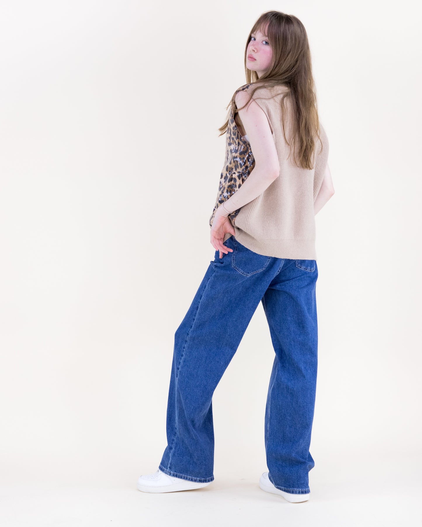 Sequin Leopard Cable Stitch Boyfriend Vest