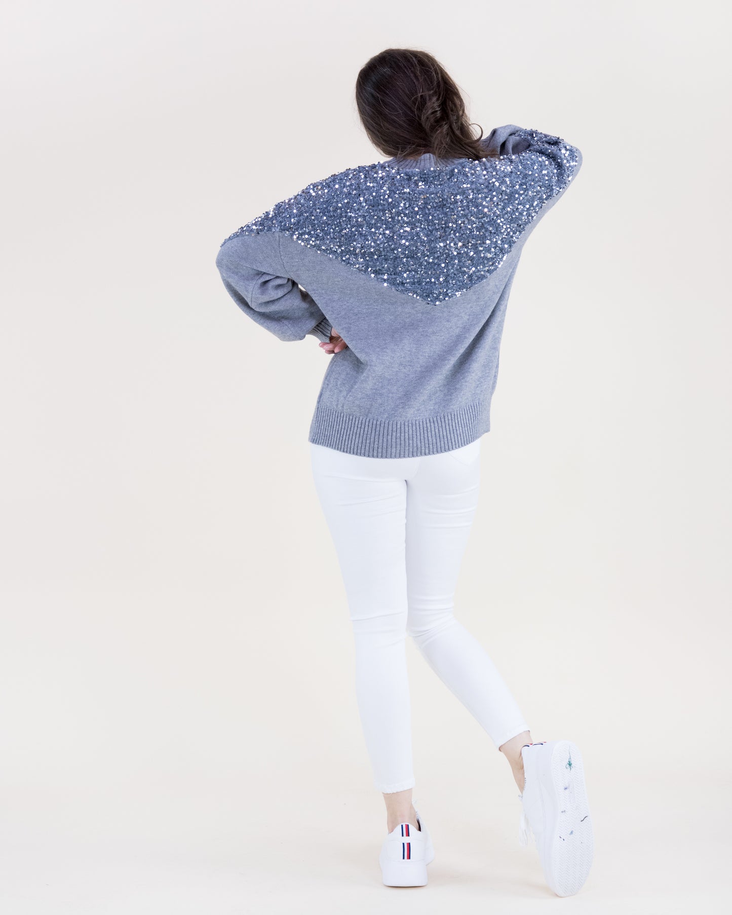 Sequin Yoke & Sleeves Crew Neck Sweater