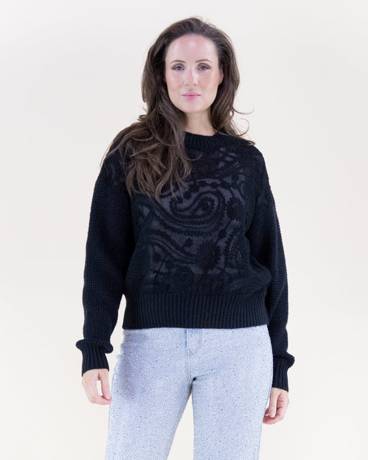 Waffle Stitch Paisley Embroidered Sweater