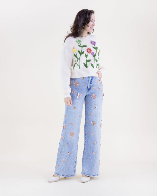 Hand Embroidered Garden Flower Crew Neck Sweater