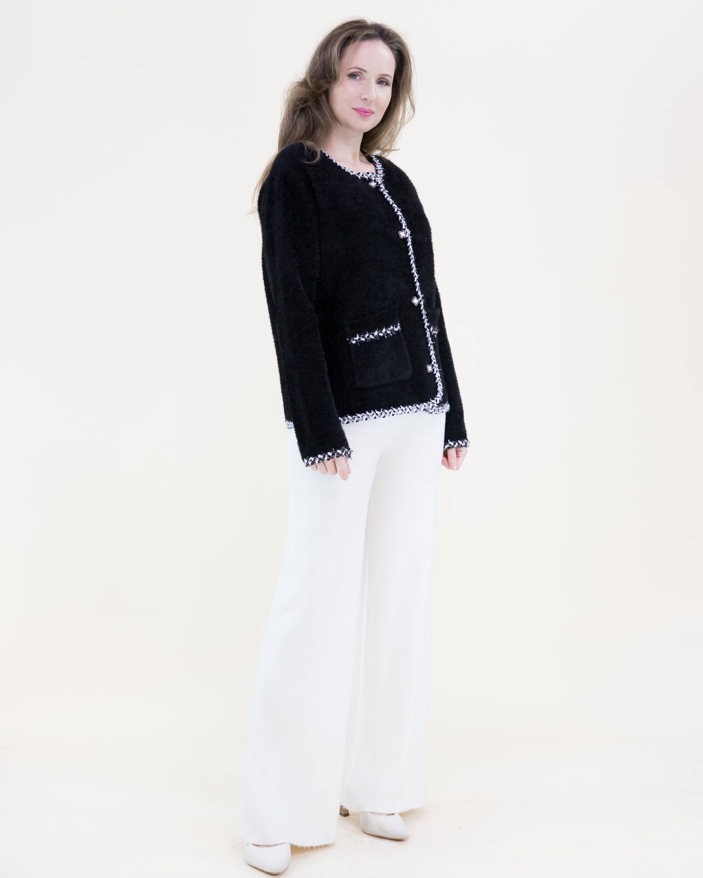 Soft Eyelash Braided Hems Clover Button Boxy Cardigan