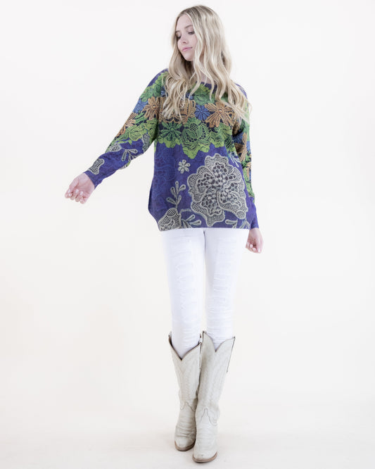 Flower Lace Digitally Printed Crew Neck Sweater