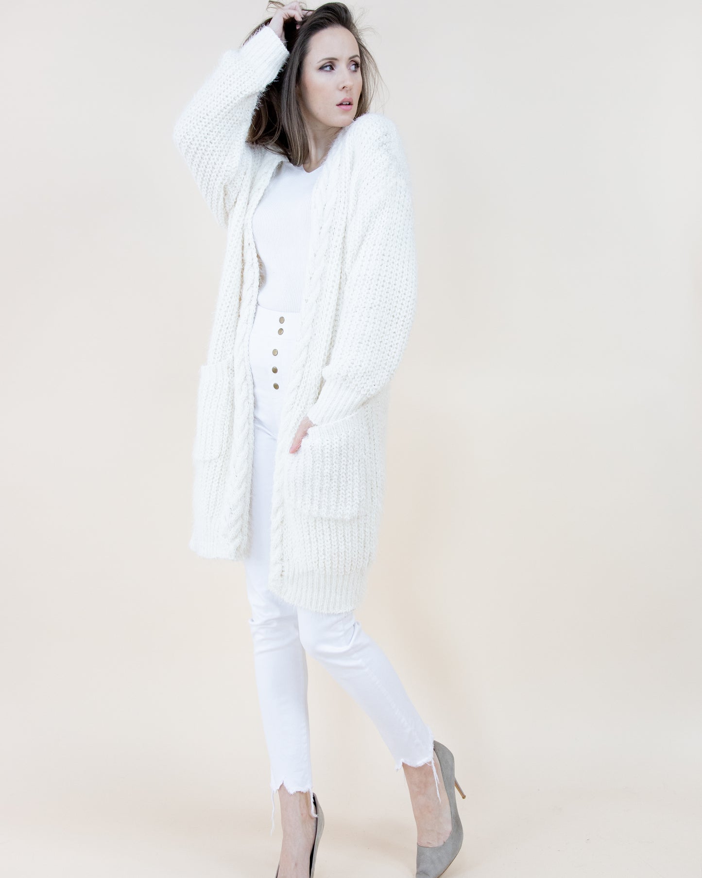 Eyelash Long Sleeve Braided Trim Pocket Cardigan