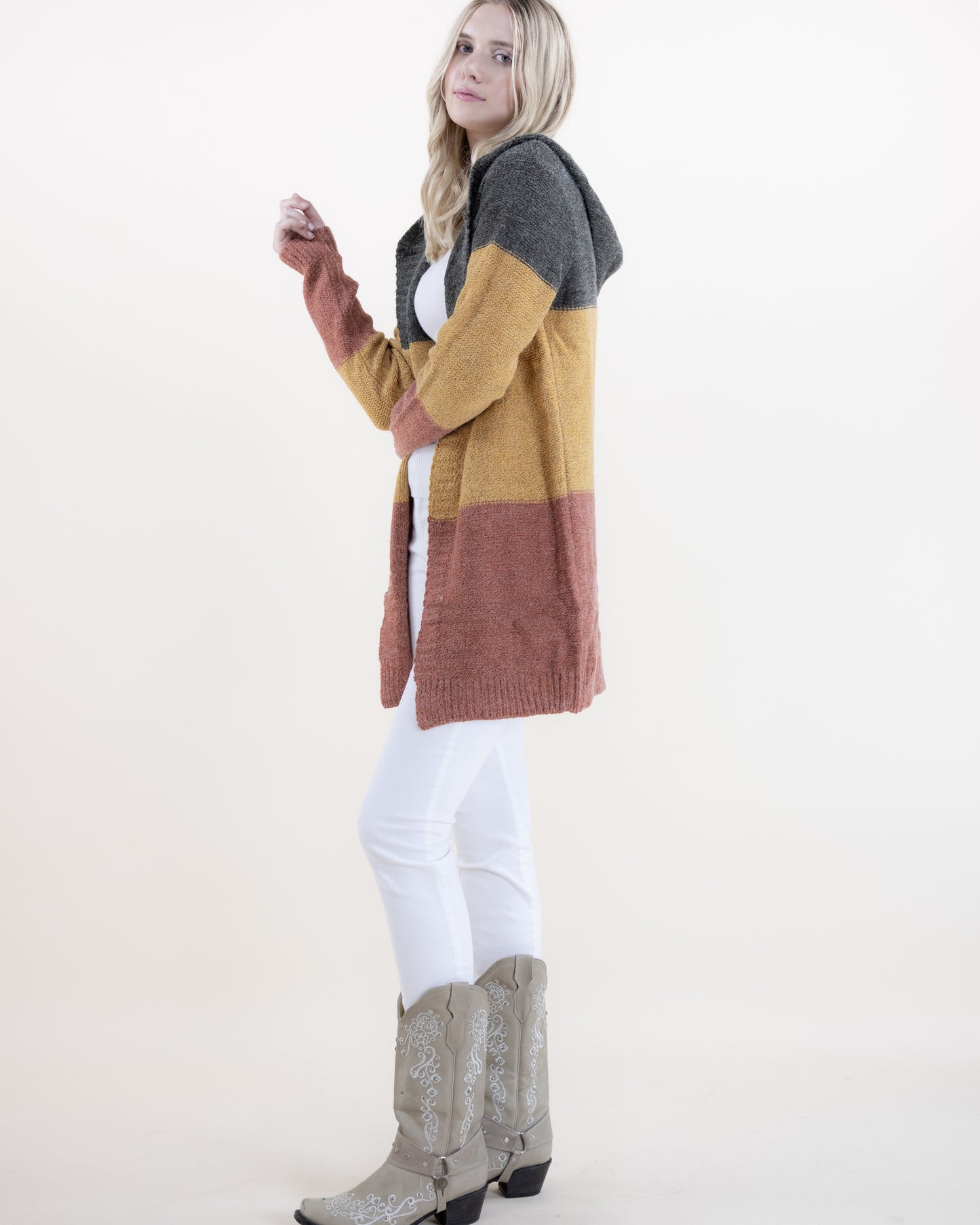 Multi Color Block Hooded Cardigan