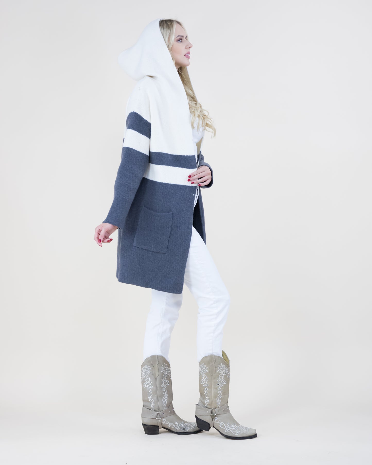 Mid Stripe Open Knit Cardigan Hoodie