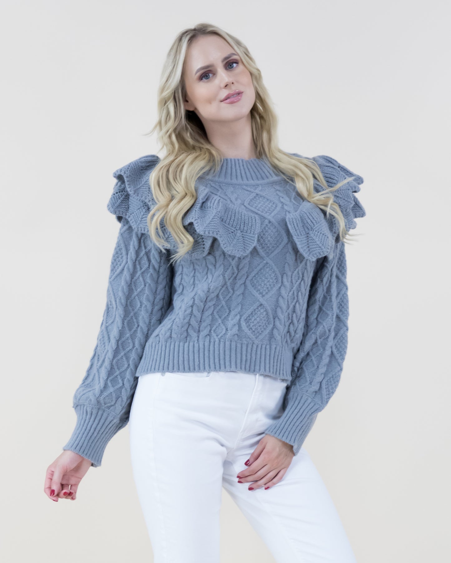 Ruffle Trim Cable Knitted Sweater