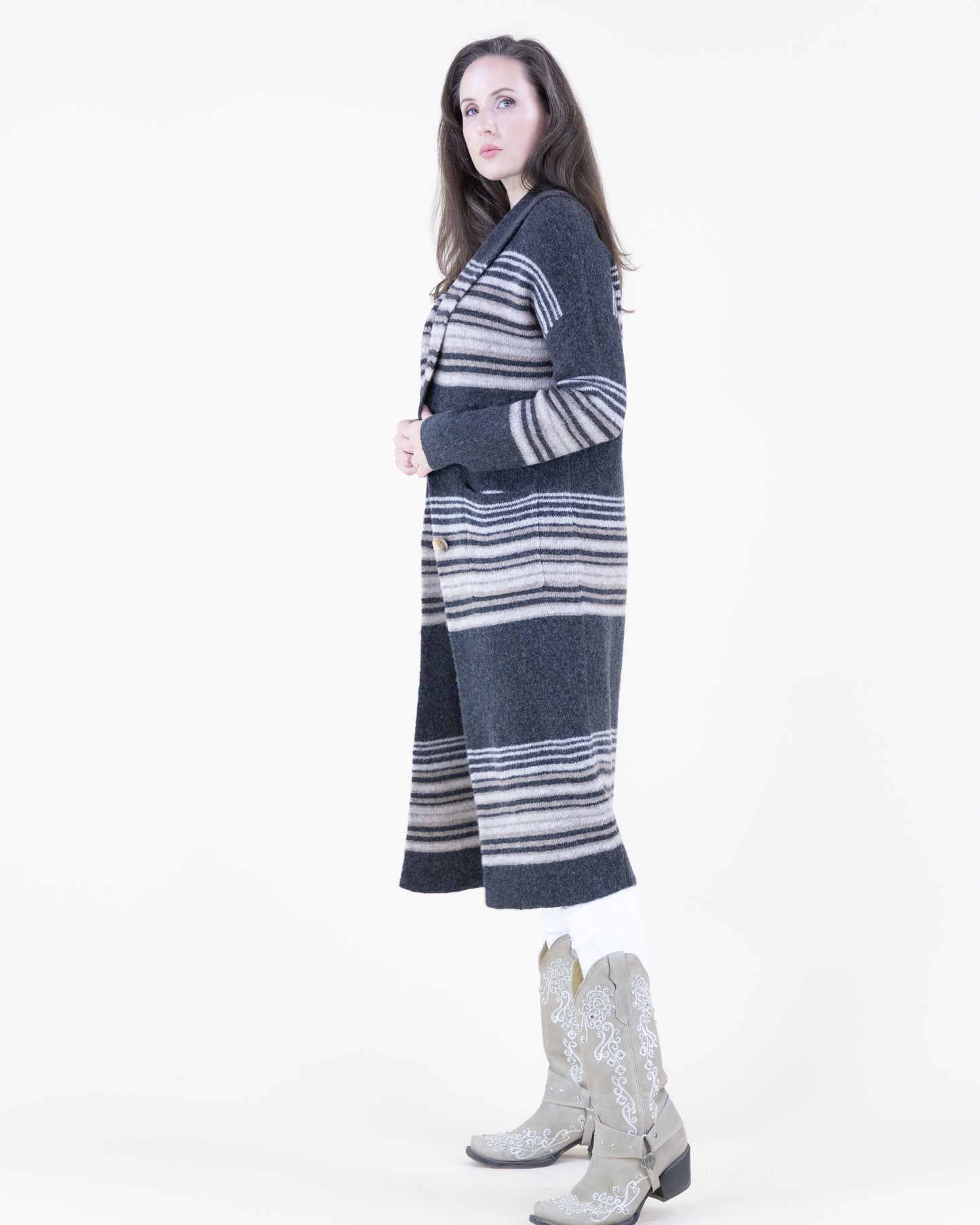 Horizontal Lines Shawl Collar Duster Cardigan