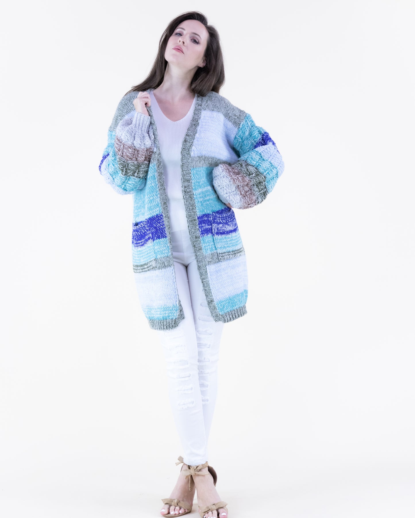Bubble Stitch Sleeves Casual Knit Cardigan