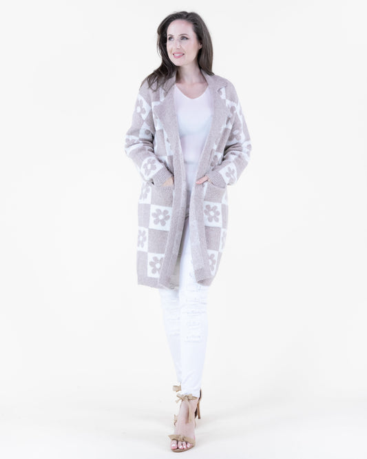 Retro Flower Checkered Open Cardigan