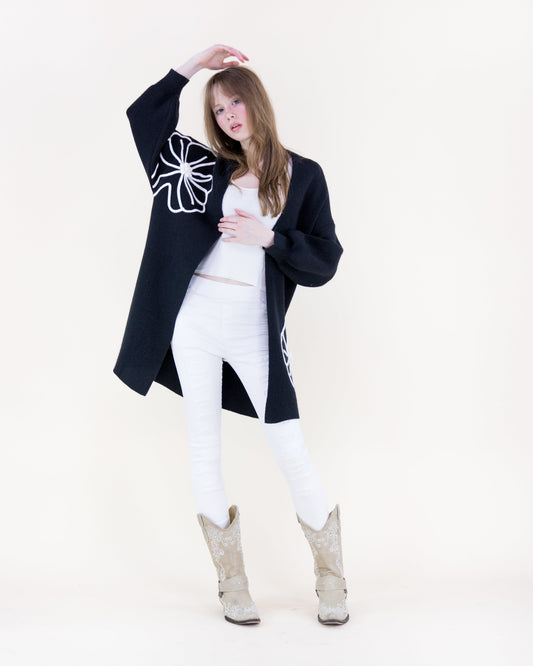 Bold Floral Outline Open Front Cardigan
