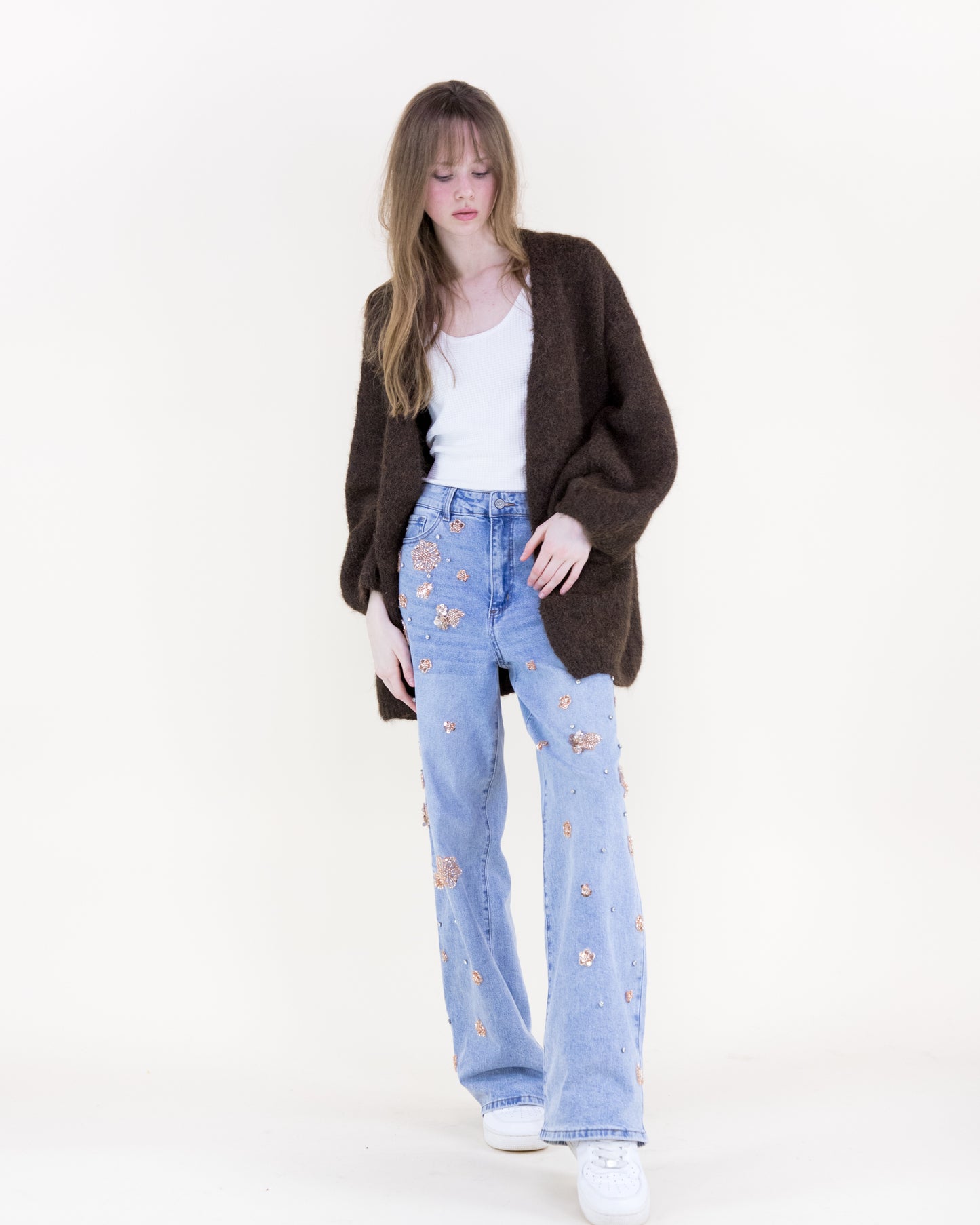Floral Embellished Acid Wash High Rise Wide Leg Jeans