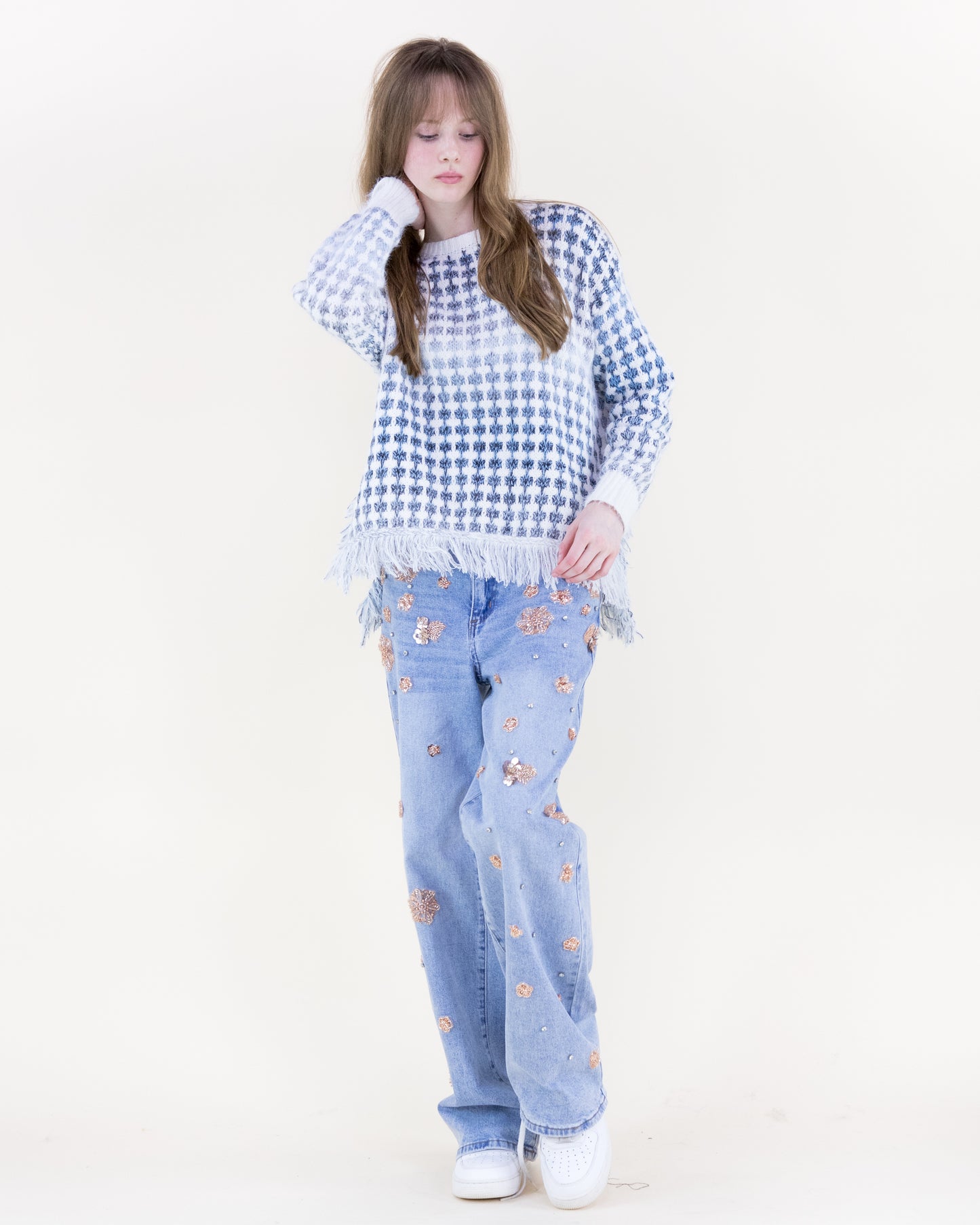 Ombre Grid Stitch Fringe Hem Pullover Sweater