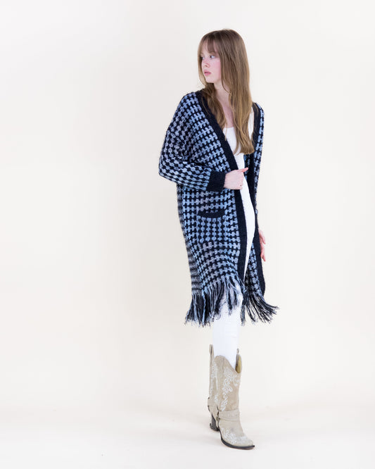Ombre Grid Stitch Fringe Hem Cardigan