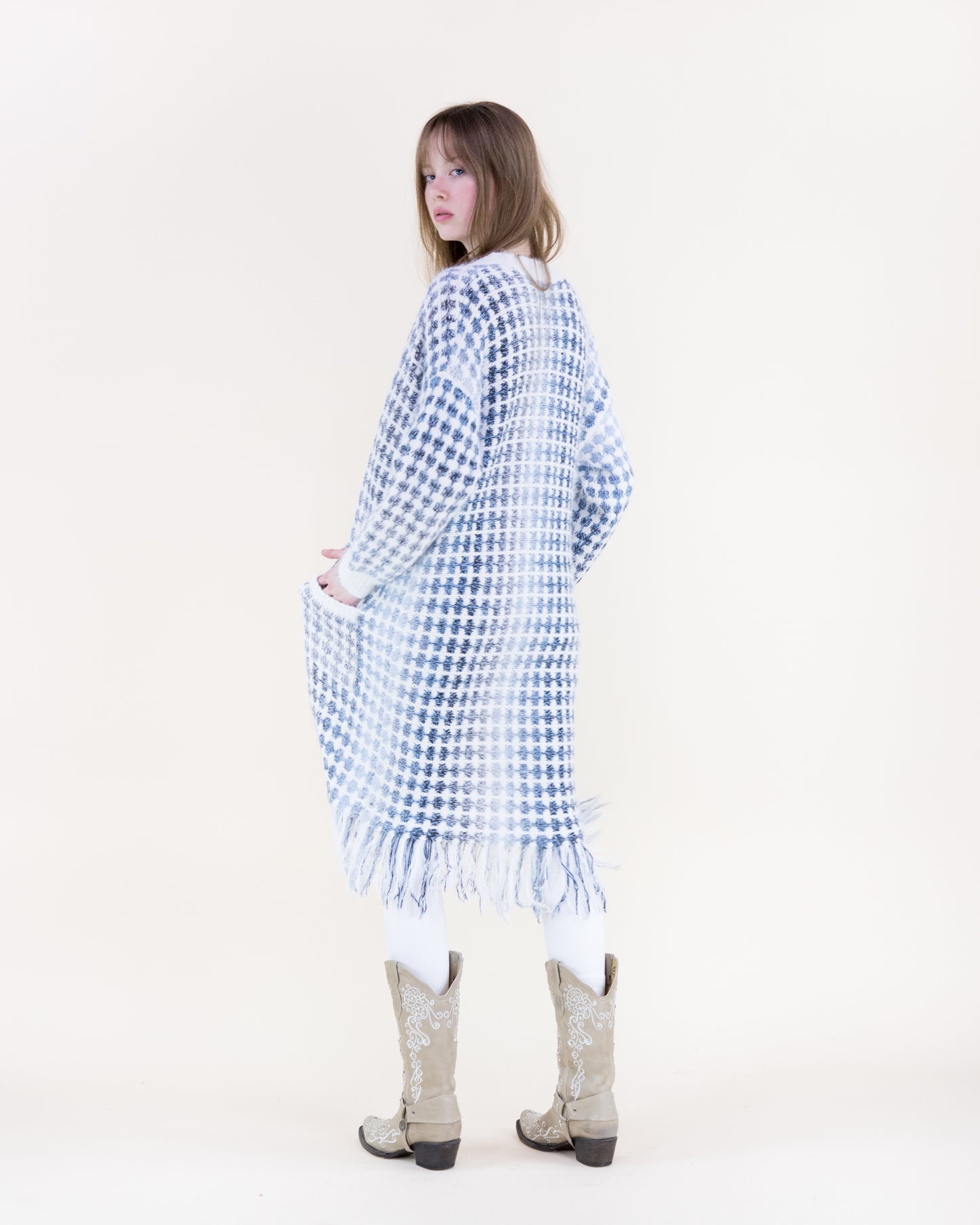 Ombre Grid Stitch Fringe Hem Cardigan
