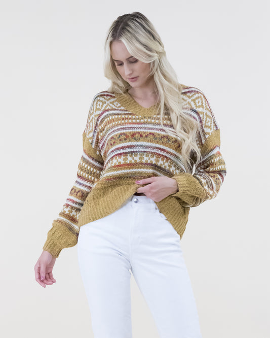 V-Neck Tribal Print Knitted Sweater