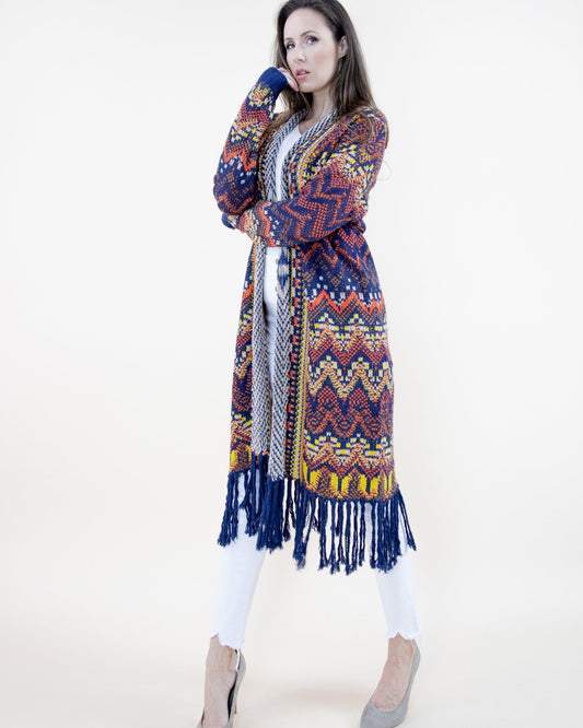 Wavy Knit Long Sleeve Cardigan w/ Fringe