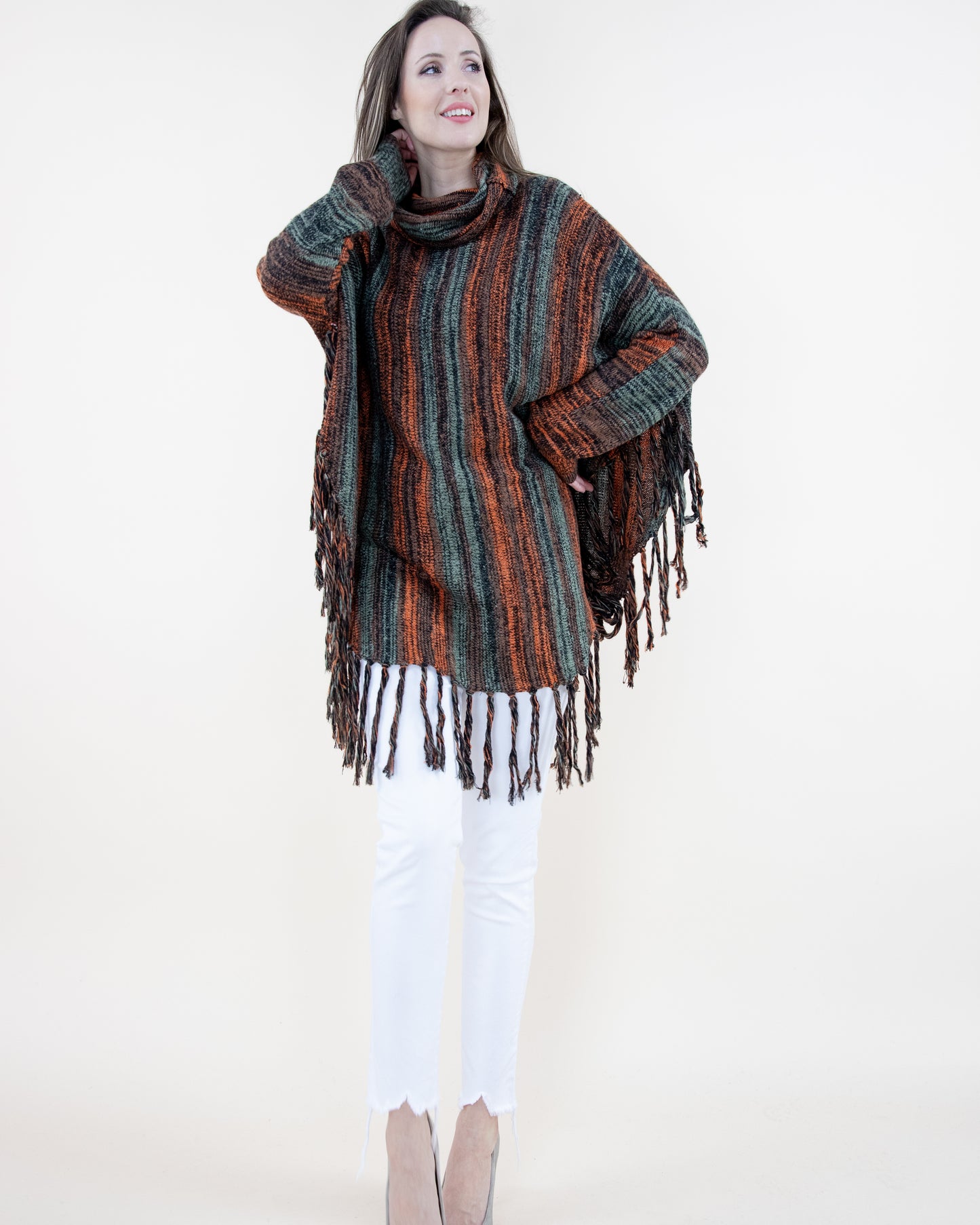 Turtle Neck Sleeved Comfy Stripe Poncho w/ Fringe