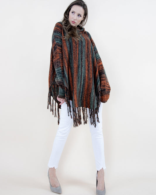 Turtle Neck Sleeved Comfy Stripe Poncho w/ Fringe