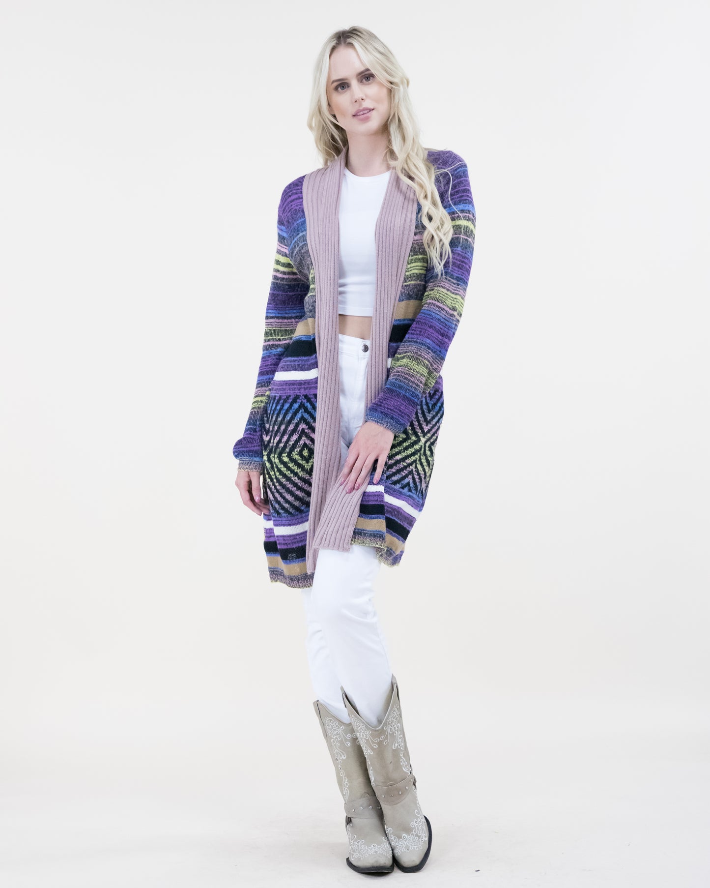 Multi-Color Stripe Geo Print Cardigan - (S/M, L/XL)