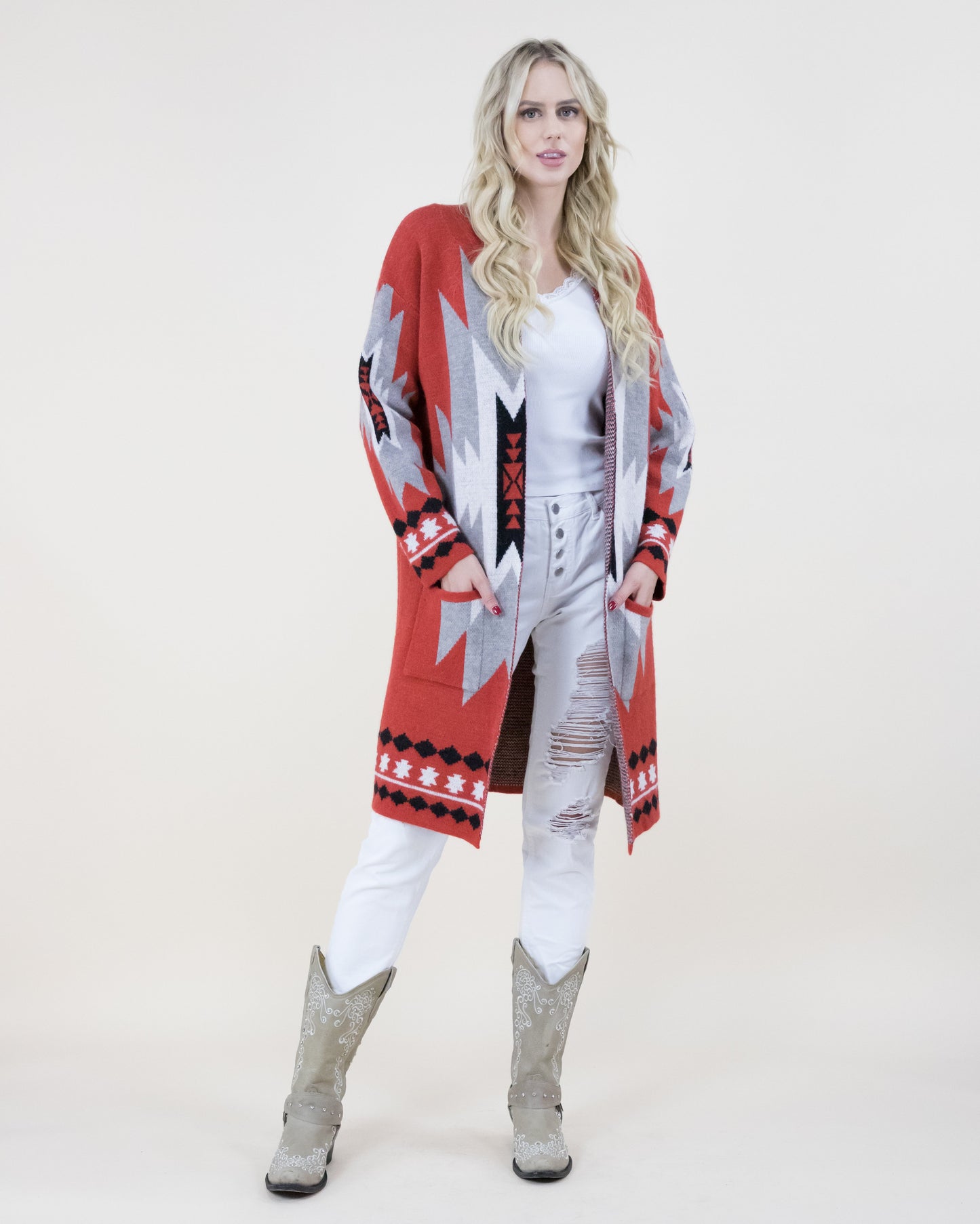 Tribal Geometric Print Long Cardigan