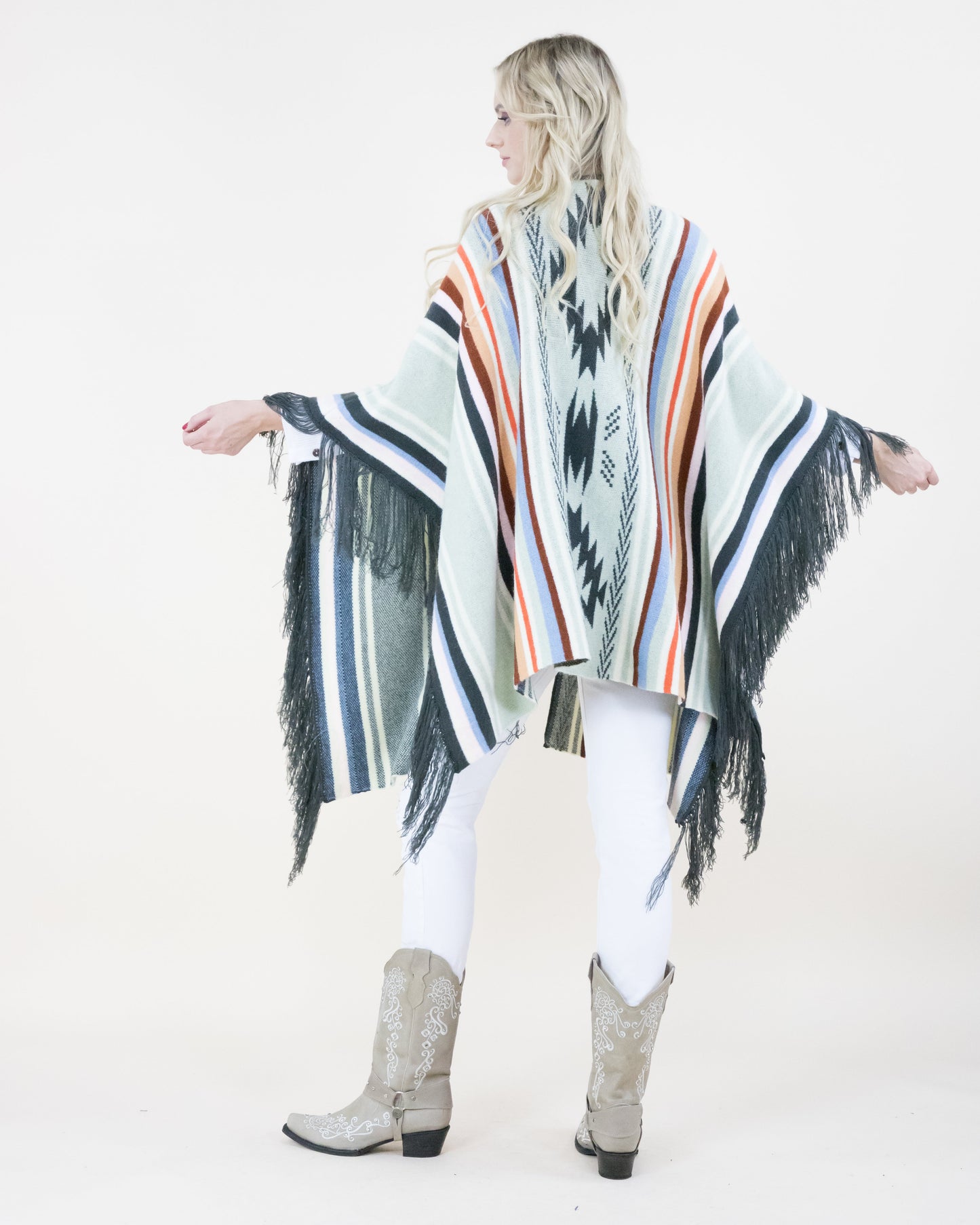 Colorful Serape Print Ruana w/ Tassel Trim
