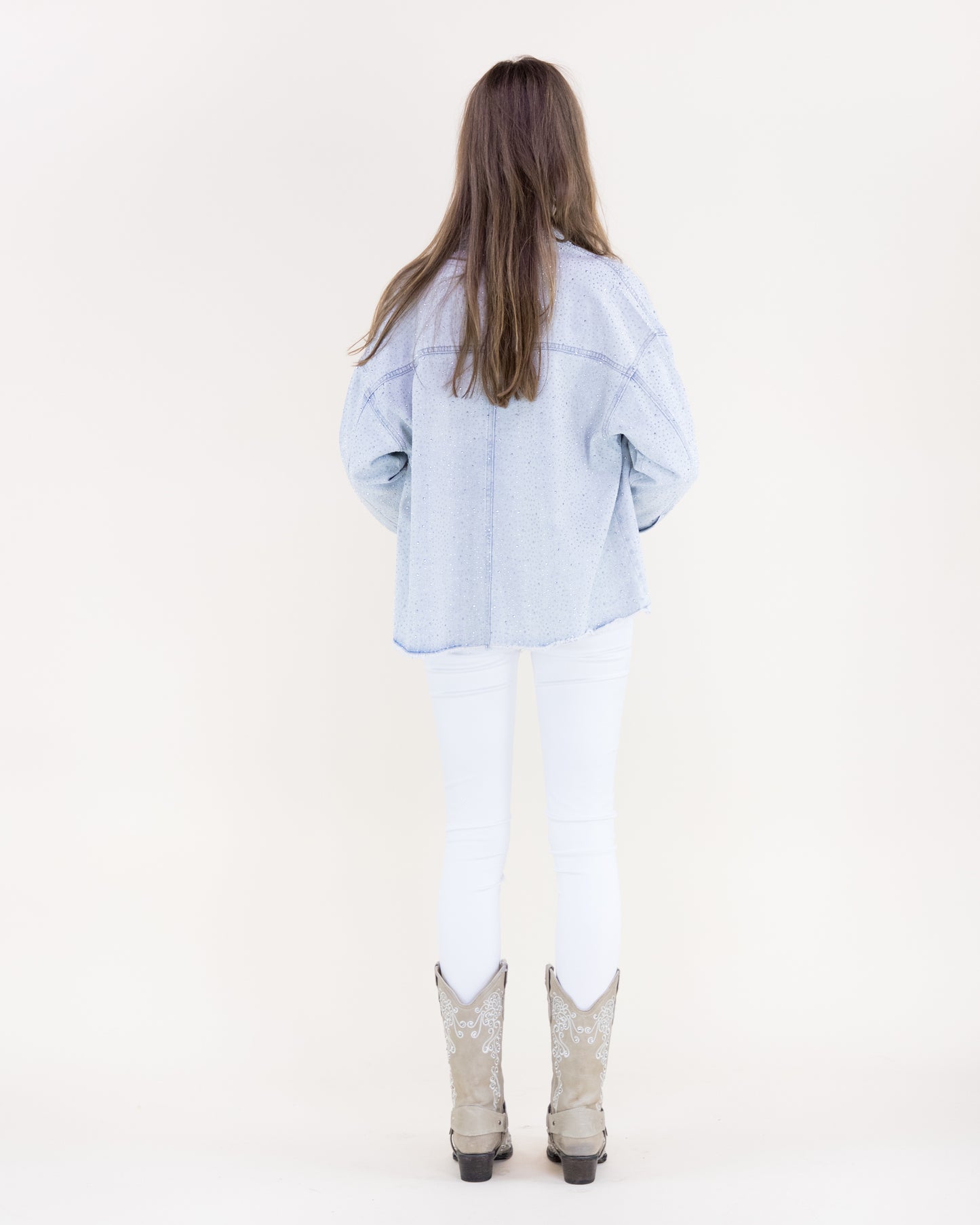 Small Rhinestone Embellished Light Wash Denim Shirt