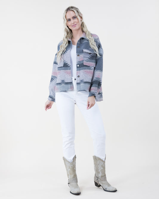 Southwestern Print Shacket w/ Front Pockets & Fray Trim - (S/M, L/XL)