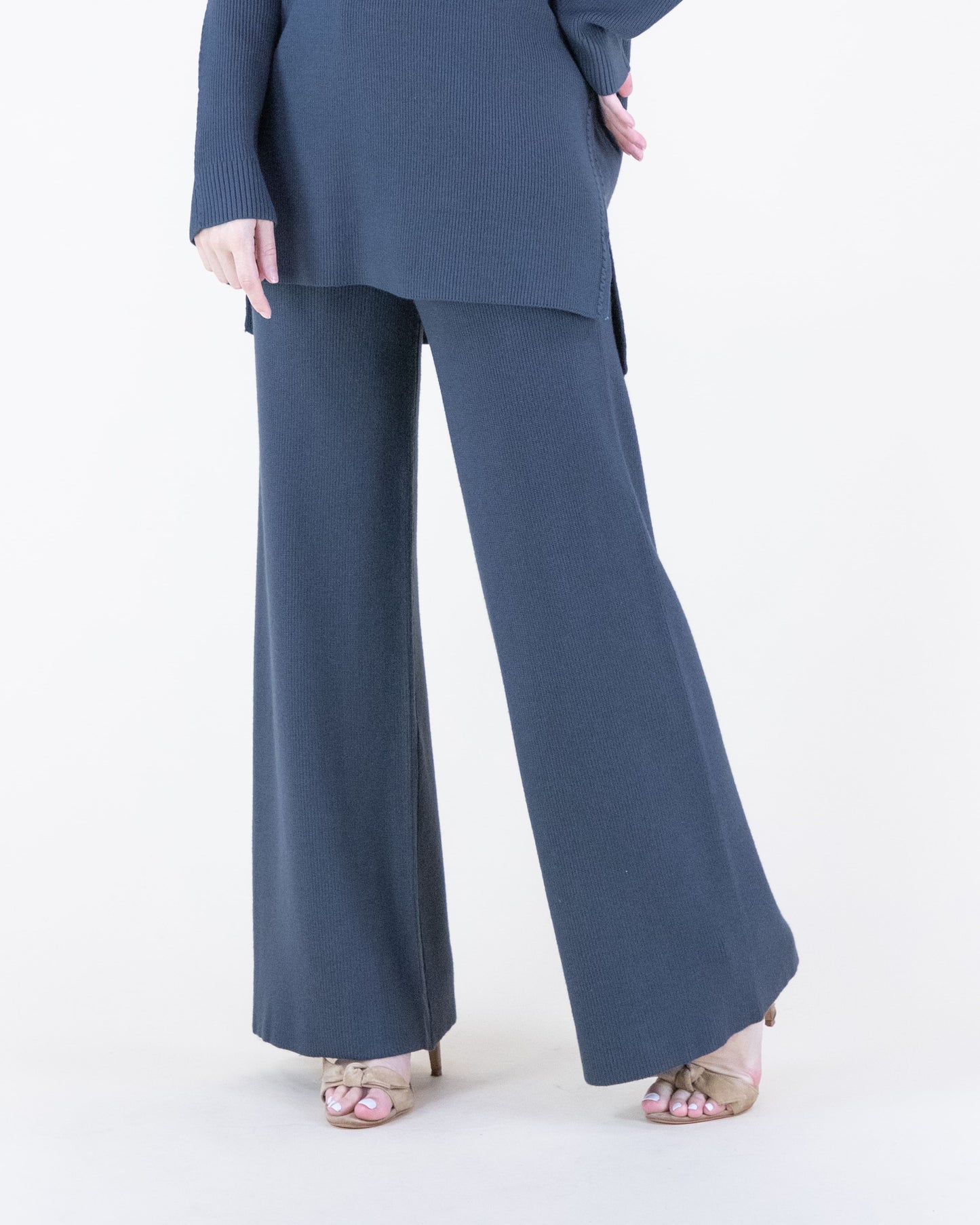 Earth Tone Ribbed Knit Sweater and Wide-Leg Pants 2pcs Set